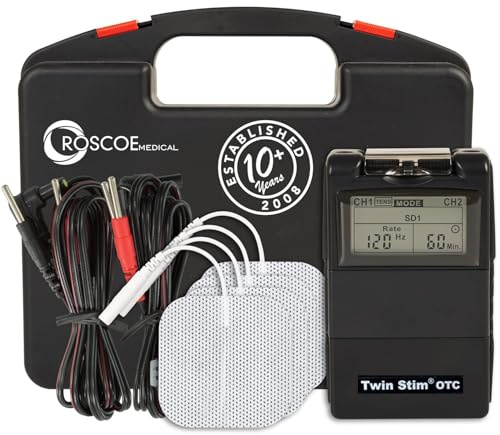 Roscoe Medical TENS Unit and EMS Muscle Stimulator, Twin Stim, OTC TENS Machine for Lower Back Pain Relief, Neck Pain, or Sciatica Relief, Clinical Strength Stim Machine