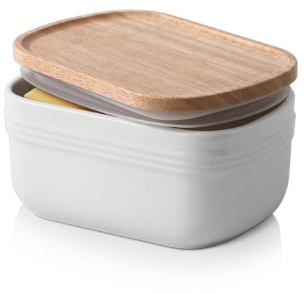DOWAN Ceramic Butter Dish, Extra Large Butter Keeper for Countertop or Fridge, Airtight Butter Container with Wooden Lid, Farmhouse Kitchen Decor and Accessories, Freezer Safe, Soft White
