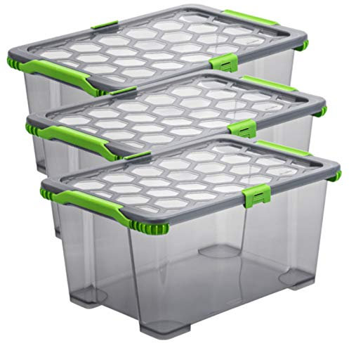 Rotho Evo Total Protection 3er-Set Aufbewahrungsbox 44l mit Deckel, lebensmittelechter Kunststoff (PP) BPA-frei, anthrazit/transparent, (59,0 x 39,5 x 28,0 cm), (59 x 39,5 x 28 cm)