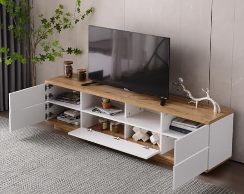 KecDuey Moderner Colorblocking-TV-Schrank Hochglanz-Oberfläche TV-Schrank mit Holzmaserung 180cm (Holzfarbe)