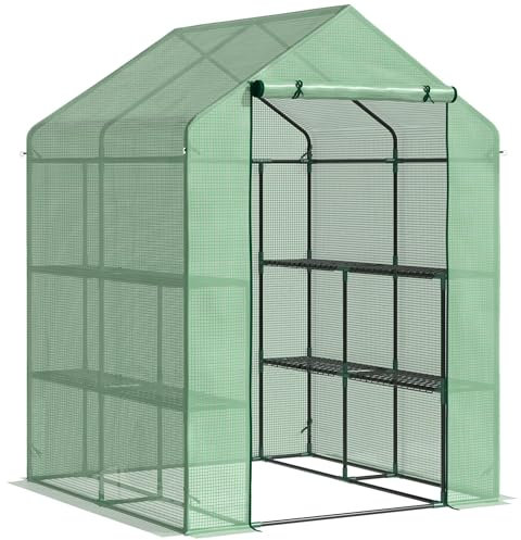 Outsunny Invernadero de Jardín Tipo Caseta Invernadero de Exterior con 2 Niveles 4 Estantes Puerta Enrollable Marco de Acero y Cubierta de PE 140g/㎡ para Cultivos Plantas Macetas 143x138x190 cm Verde