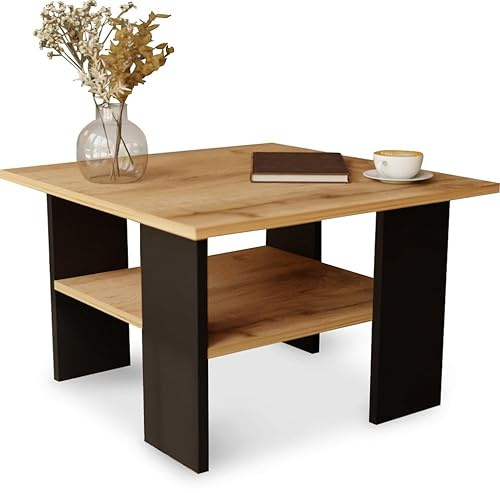 MeblePitus Couchtisch ST1 Eiche/Schwarz – Moderner Wohnzimmertisch 60x60x45 cm – Quadratisch, stabil & praktisch mit Ablage – Kompakter Sofatisch, robust & pflegeleicht
