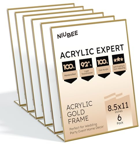 NIUBEE 8.5 x 11 Gold Frames, 6 Pack Acrylic Slanted Back Gold Picture Frames for Signs, Menu, Flyer and Art Display, Perfect for Wedding, Party, Event, Shop