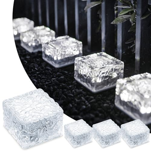 MEDOYOH Juego de 4 piedras solares de cristal blanco frío, 7 x 7 x 5 cm, sensor de luz ON/OFF para iluminación de caminos, resistente al agua, foco solar para patio, jardín, patio o terraza