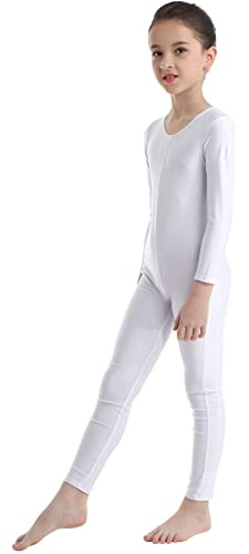 Daenrui Kids Girls Boys Long Sleeves Full Body Gymnastic Ballet Dance Unitard Stretch One Piece Leotard Bodysuit White 7-8 Years