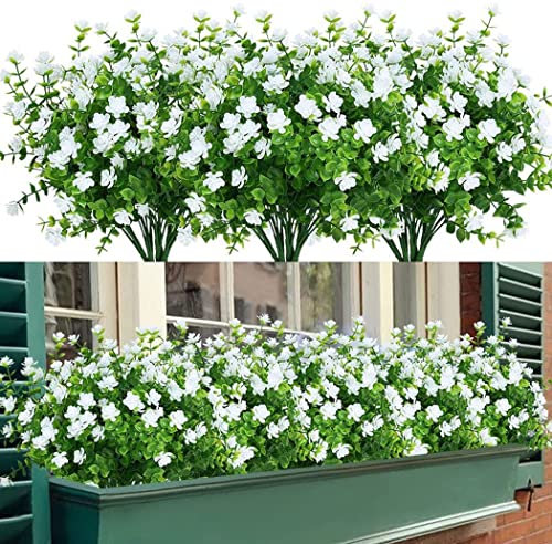 SOMYTING Künstliche Blumen 8 Stück Kunstblumen Unechte Blumen Deko Eukalyptus Deko UV-beständige Pflanzen Sträucher Plastik Blumenstrauß Garten Dekor für Haus Balkon Fensterbank Hochzeit Dekor (Weiß)