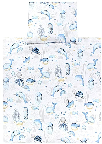 TupTam Wiegenset, Meerestiere Blau, 80x80 cm | Baby 4-teilig Unisex Bettwäsche-Set: Bettdecke und Kopfkissen mit Bezug
