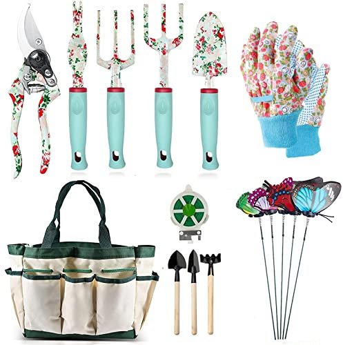 Garden Tools Set, 16 Pieces Gardening Gifts for Women & Men, Heavy Duty Floral Gardening Tools Set with Storage Bag, Ergonomic Garden Gifts Kit for Mum, Girlfriend (Green Flowers)