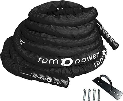 RPM Power Corde de combat – Puissante corde de fitness pour entraînement complet du corps et perte de poids – Comprend un point d'ancrage en acier (9 mètres/50 mm de diamètre – 15 kg)