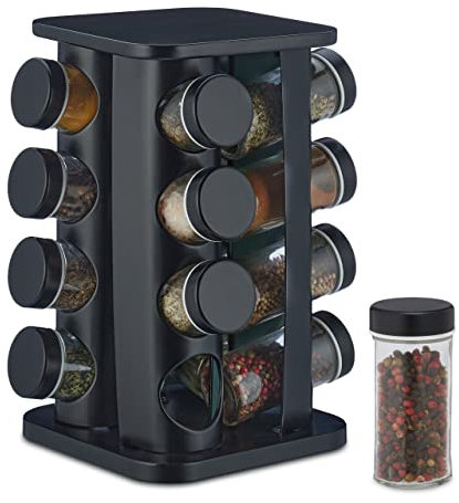 Relaxdays Gewürzkarussell, 16 Gewürzgläser, 360° drehbar, Edelstahl & Glas, HBT: 27,5 x 20 x 20 cm, Gewürzregal, schwarz