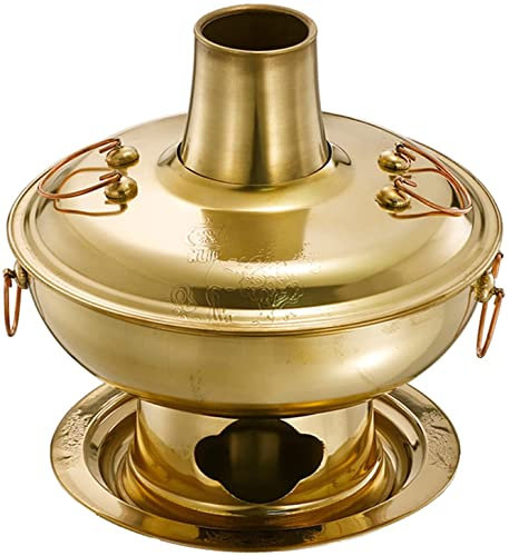 Chinese Shabu Shabu Copper Hot Pot with Chimney Vintage Shabu Hotpot Cooker Pan Charcoal Stove Cooking Cookware for Home Restaurant Party(Brass, 7 Sizes),28cm