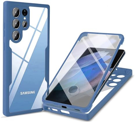 betterfon Funda de 360 grados, funda con protector de pantalla integrado para Samsung Galaxy S22 Ultra en azul