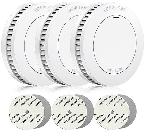 RUNIDUR Mini Set di Rilevatori di Fumo con Batteria da 10 Anni, Rilevatore di Incendio Senza Falsi Allarmi, Rilevatore di Incendio Piatto da Incollare Senza Forare, Bianco, Confezione da 3