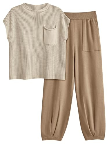 LILLUSORY Damen Lszsf0807 Rundhalsausschnitt (2er Pack) | Trendiges Outfit, Rundhalsausschnitt, Vordertasche, schmal zulaufende Hose, Sommer-Loungewear, vielseitige Resortkleidung für