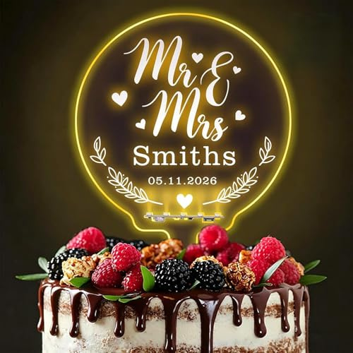 LED Personalised Cake Toppers 7 Colour Changes Light Up Toppers Bride & Groom Anniversary Toppers MR & MRS Cake Decorations with Any Name (Design 1)