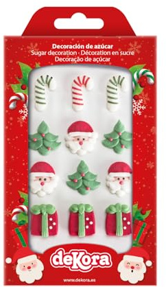 dekora – Blíster 12 Figuras de Azúcar Comestibles de Navidad, Decoración Sin Gluten para Tartas, Cupcakes y Repostería Navideña