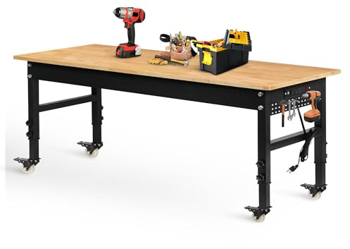 Betterhood 70 Adjustable Workbench on Wheels, 2000 LBS Heavy Duty Work Table with Power Outlets & Pegboard, Rubber Wood Workstation for Garage, Workshop, Office, Home, Commercial