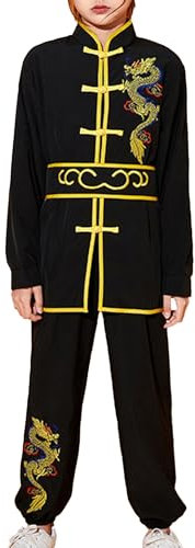 Zaldita Jungen Tai-Chi Kleidung Anzug Langarm Kung Fu Shirt mit Wushu Hose Taiji Qigong Wing Chun Shaolin Training Uniform Schwarz 170-176