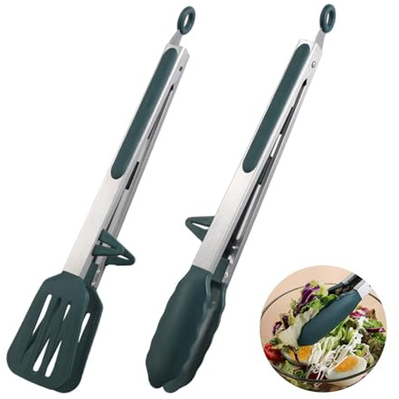 Violotoris Uppsättning av 2 silikontång, non-stick matlagningstång med vilande prylar, rostfritt stål matklämma, halkskydd kökstänger för bakning, stekning, servering, sallad och frukttång