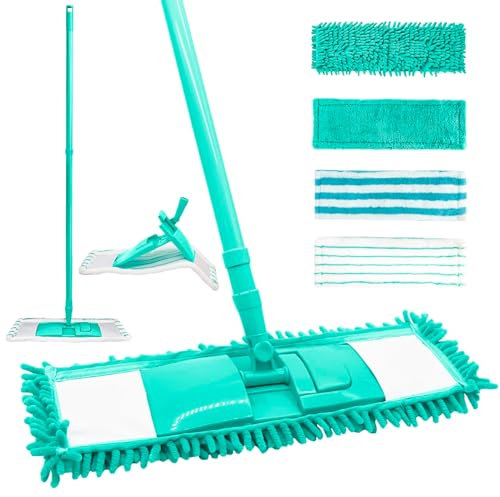 HW CASA Mocio Lavapavimenti,Mocio Microfibra da 125 CM con Asta Telescopica,Viene Fornito con 4 Panni Lavapavimenti,Mocio Piatto Lavapavimenti per Pavimenti in Legno,Piastrelle in Ceramica,Marmo