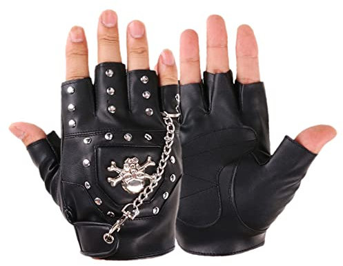Watreketal Handschuhe,Halbfinger-Punk-Nieten-PU-Lederhandschuhe Schwarze Bikerhandschuhe mit Metallkette für Motorräder Fingerlose Tanzhandschuhe