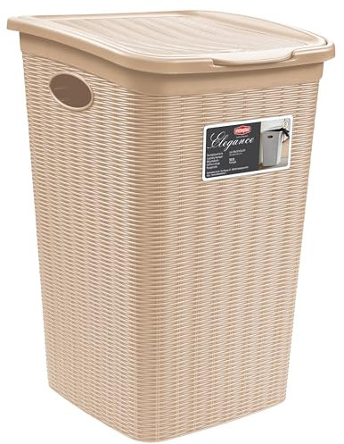 2x Wäschekorb 50 Liter groß Beige - Rattanoptik mit Deckel - Wäschesammler mit Löcher 38x36x54cm Wäschebox Wäschesortierer Haushaltskorb Korb Haushalt Kunststoff Wäschetruhe Wäschetonne Wäschesack