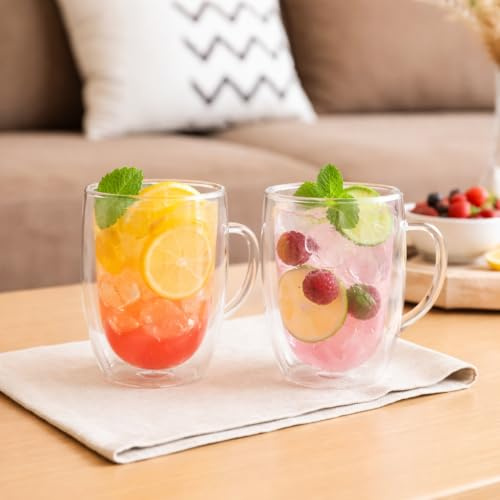 Marco Paul 2 Pcs Heavy Duty Double Walled Glass Coffee Mug Espresso Coffee Cups 450ml Insulated Latte Cappuccino Cups Tea Glass Mugs for Hot Drinks with Handles Coffee Glasses Expresso Coffee Cup