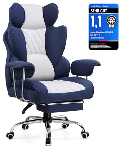 GTPLAYER Gaming Stuhl, Bürostuhl mit Taschenfeder-Lendenwirbelstütze, breiter Büro-Computersessel mit nach außen fixierten weichen Armlehnen und Fußstütze, 180KG, blau