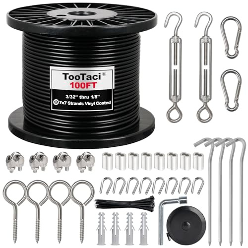 TooTaci Outdoor Strings Light Hanging Kit, 30M Black Coated Guide Wire | 3mm Stainless Steel Wire Cable Kit with Turnbuckle, Vine Eyes & Clamps, for Festoon/ Patio Garden Light Suspension/Sun Shade