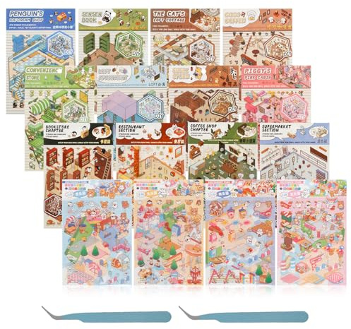 16 juegos de pegatinas para casa, 3D, pegatinas de escena con 2 pinzas reutilizables, librería, cafetería, supermercado, restaurante, biblioteca, juegos de bricolaje, 3D, pegatinas para casa para