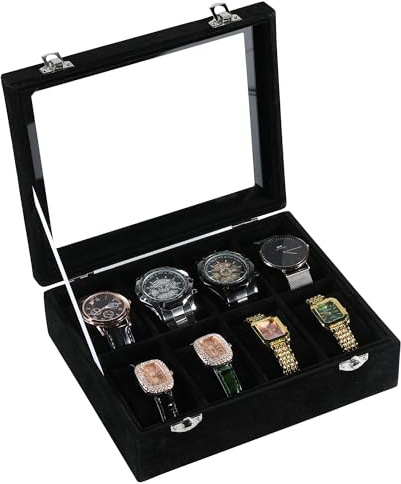 Frebeauty Uhrenbox für 8 Uhren Damen Herren, Uhrenkasten mit Glasdeckel | Weiches Samtmaterial, Uhren Organizer Mit Kissen, Uhrenaufbewahrung, Uhrenhalter, Staubgeschützt, Metallverschluss