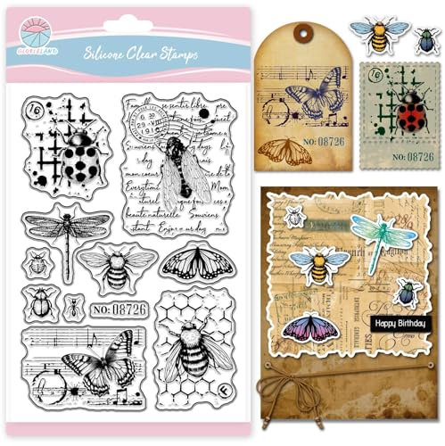 GLOBLELAND Insektenmotiv Transparenter Stempel im Vintage-Stil Schmetterling Biene Silikonstempel Libelle und Käfer Hintergrund Transparenter Stempel für Kartenherstellung Journaling Scrapbooking