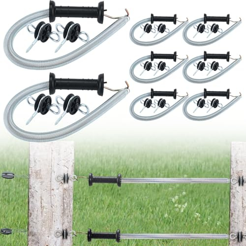 Hicarer 8 Set Electric Fence Spring Gate Handles Kit, Fence Handles with Spring, Corner End Screw-in Ring Insulators, 16 Feet Retractable Electric Gate, Black