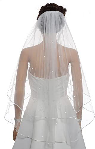 LXHZSY Braut Schleier Ribbon Edge Center Hochzeit Braut Perlen Brautschleier(Ivory)