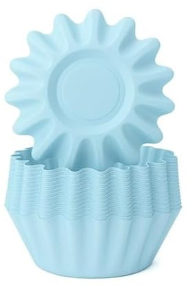 The Baked Studio Bloom Baking – Lot de 50 caissettes à cupcakes en forme de fleur, papier sulfurisé de qualité supérieure, moules de cuisson élégants pour cupcakes et muffins (bleu clair)