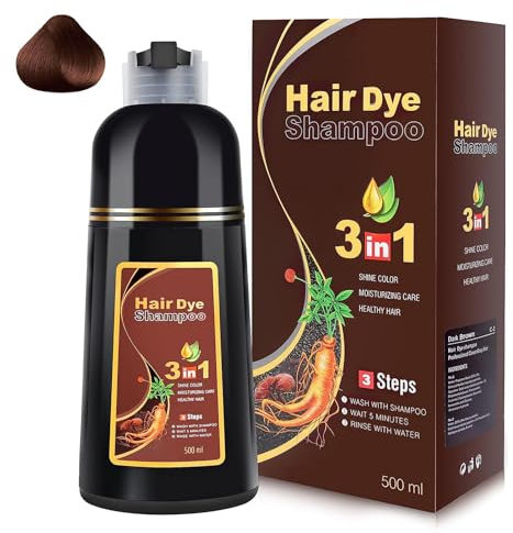 Champú Colorante para Pelo Teñido o Natural, Champú 3 en 1 para Cubrir las Canas, Champu Tinte Canas, Nutre y Oscurece para Hombres Mujeres, 500ml (Dark Brown)