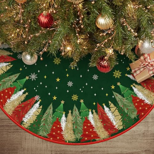 Artoid Mode Green Pine Snowflakes Stars Christmas Tree Skirt, 48Inch/122cm Winter Xmas Party Holiday Vintage New Year Tree Mat Cover Decoration
