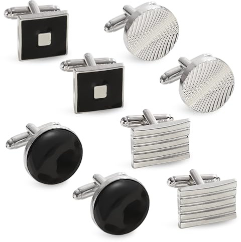4Pairs Cufflinks for Men, Classic Men Cuff Links, Gentlemen's Disc Square Rectangle Cufflinks Fashion Tone Cuff Links, Retro French Striped Shirt Suit Button Cuff Link for Business Wedding Gift