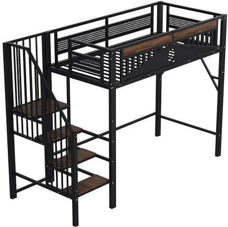 Azkoeesy Letto a Soppalco Singolo in Metallo Robusto 90x200 cm Nero, con Scaletta di Sicurezza, Parapetto Alto e Ampio Spazio di Archiviazione Sotto il Letto, per Adolescenti e Bambini