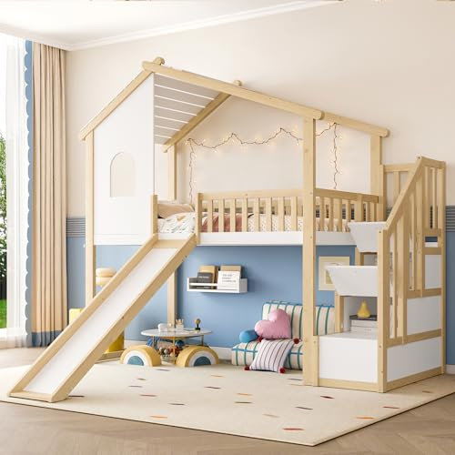 TOBIDOEN Letto a soppalco 90 x 200 cm con scivolo per bambini e scala di stoccaggio, letto a forma di casa con protezione per letto e rete a doghe, spazio sotto il letto, telaio in pino+MDF, bianco+
