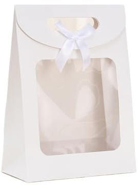 Bolsa de Regalo con Ventana Transparentes 25 bolsas de regalo con ventana transparente, papel kraft asa, for dulces, galletas, pasteles, etc(White,19x27x9cm)