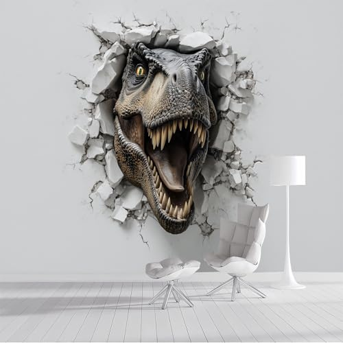 3D Fototapete 3D-Dinosaurier Bricht Durch Wände, Tyrannosaurus Rex-Wanddurchbruch-Stil Tapeten Wanddekoration, Grau Tapete Seide Für Mädchen Und Jungen Schlafzimmer Kinderzimmer Wand 250x175cm
