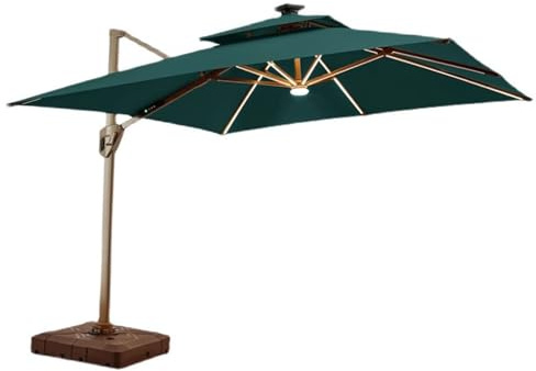 Large 2.5m Green Cantilever Umbrella with LED Lights Adjustable Tilt for Patio & Balcony - Stylish Square Garden Parasol for Sun Protection & Outdoor Relaxation