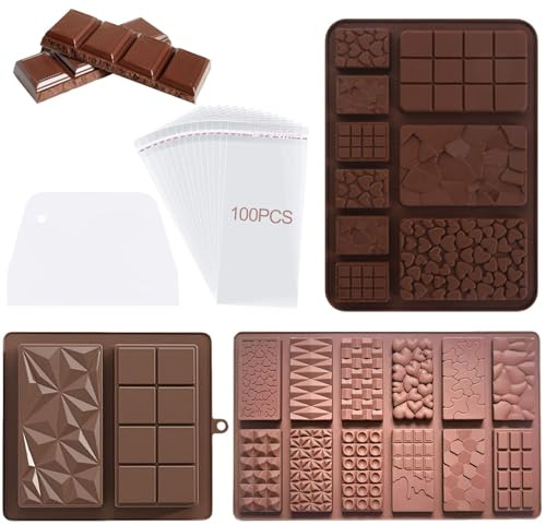 Silicone Chocolate Moulds, 3 Pcs Deep Chocolate Bar Molds with 100 Pcs Bags and 1 Scraper, Reusable Non-Stick Silicone Molds for Choclate Bars, Food-Grade & Easy Release