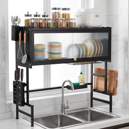 NBYTLT 3-Tier Over-the-Sink Dish Drying Rack, 85 cm Expandable Kitchen Storage Shelf with Utensil Holder & Drain Board, Space-Saving Countertop Organizer, for Dishes, Glasses, Bowls & Cutlery, Black