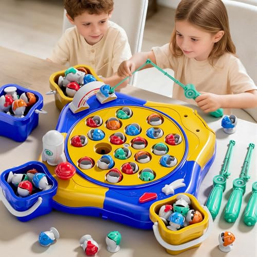 WOANZZ Magnetisches Angelspiel für Kinder 3-8 Jahre, 70 PCS Fische Angeln Spielzeug für Bis zu 8 Spieler mit Musik, Montessori Lernspielzeug Fischfangspiel, Geschenk für Jungen Mädchen Blau