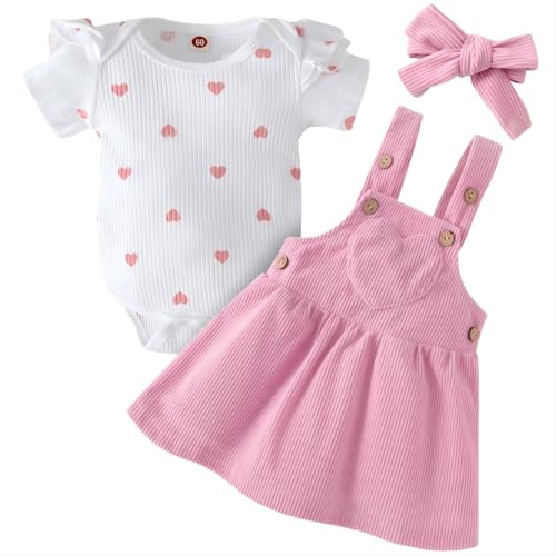 Asmea Vêtement Bébé Fille 0-18 Mois, Été Ensemble 3 Pièces Body Manches Courtes + Robe à Bretelles + Bandeau, Imprimé d'Amour, Tenue Nouveau-Né, Cadeau Naissance Fille Sortie, Quotidien, Photographie