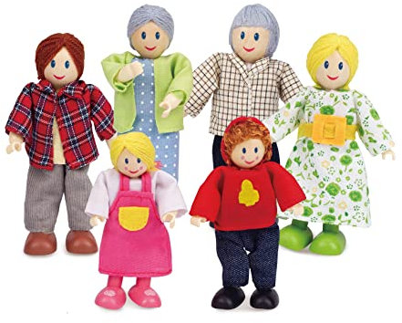 Hape Puppenfamilie Preisgekröntes Puppenfamilien-Set, einzigartiges Zubehör für Puppenhäuser aus Holz, Fantasie-Spiel, 6 Puppenfamilien-Mitglieder