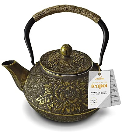Charbrew Black & Gold Large Chinese Cast Iron Teapot with Stainless Steel Tea Infuser (1200ml/6 Cups)