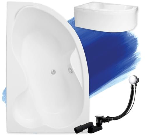 BADLAND Badewanne Original Weiß Acryl Wanne Eckbadewanne MEGA 160x105 Links KOMPLETTSET SET mit Weiß Acrylschürze + Füßen und Exklusive Chrom Automatik Ablaufgarnitur Made in EU 4in1